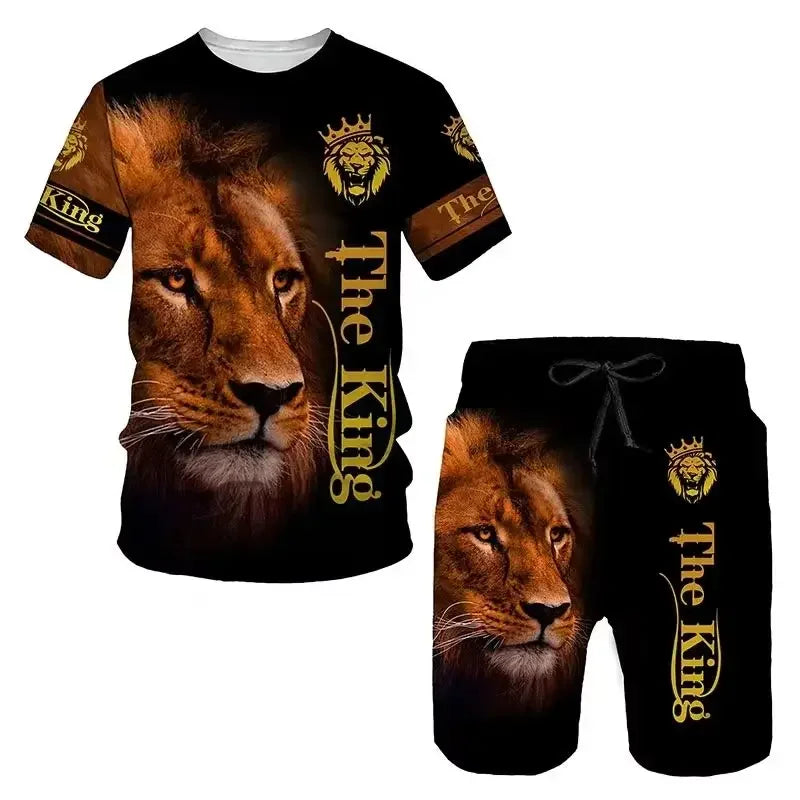 Men's Outdoor Printed T-shirt Shorts 2-piece Set 3D Printed O-neck Fashionable Men's Casual Breathable and Comfortable Set