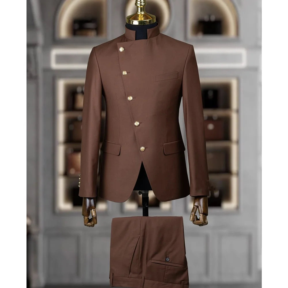 Men's Suit Blazer Sets 2 Pieces East Style Slim Fit Formal Indian Middle Stand-Up Collar Suit for Men Slant-Breasted Wedding