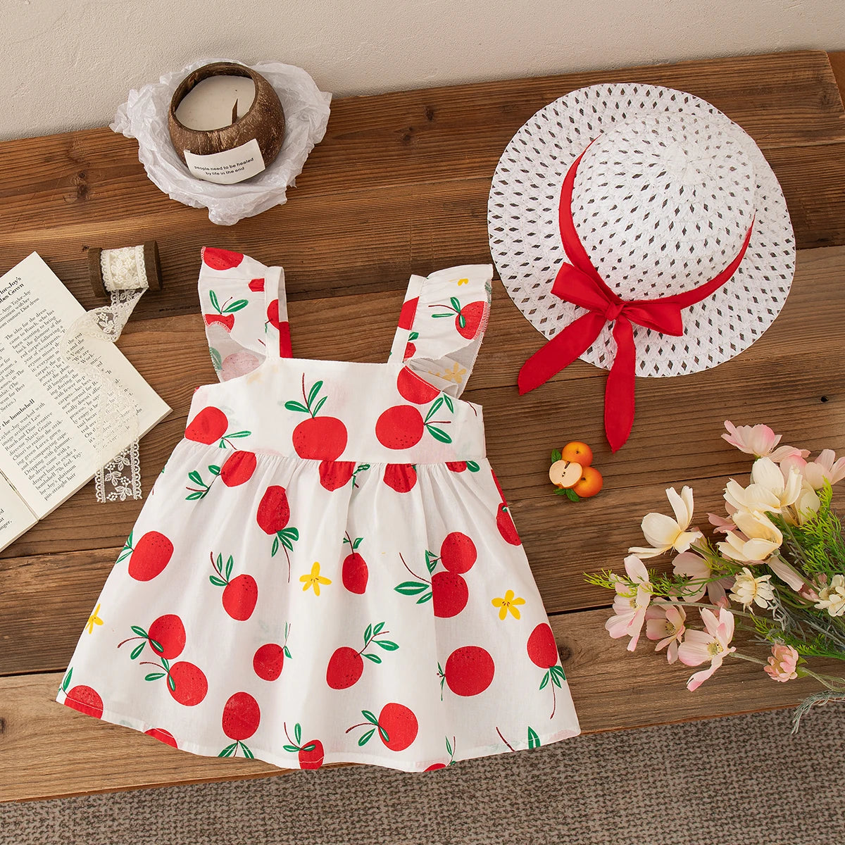 Baby Girl Dresses 2 Pieces Set Princess Hat Dress Summer New Girl Clothing Fruit Printed Bow Sweet Beach Party Baby Clothing