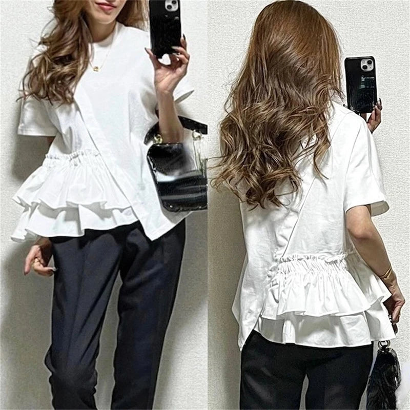 2024 New Short Sleeve Tshirts Women Ruffles Patchwork Asymmetrical Fashion T Shirts High Street Casual All-match Tops