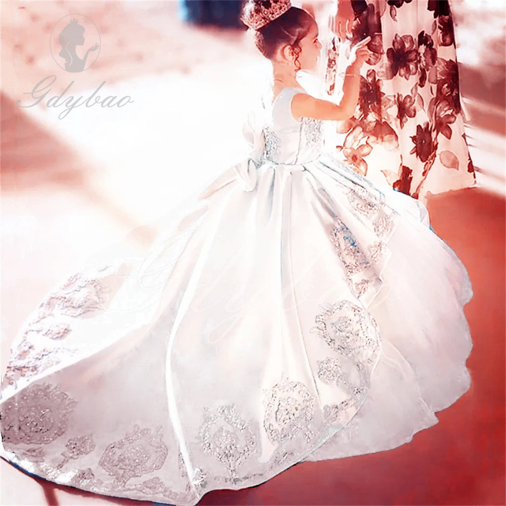 High Quality First Communion Dresses Kids Evening Ball Gown Gold Applique Bow Girls Pageant Dress Satin Tulle Flower Girl Dress