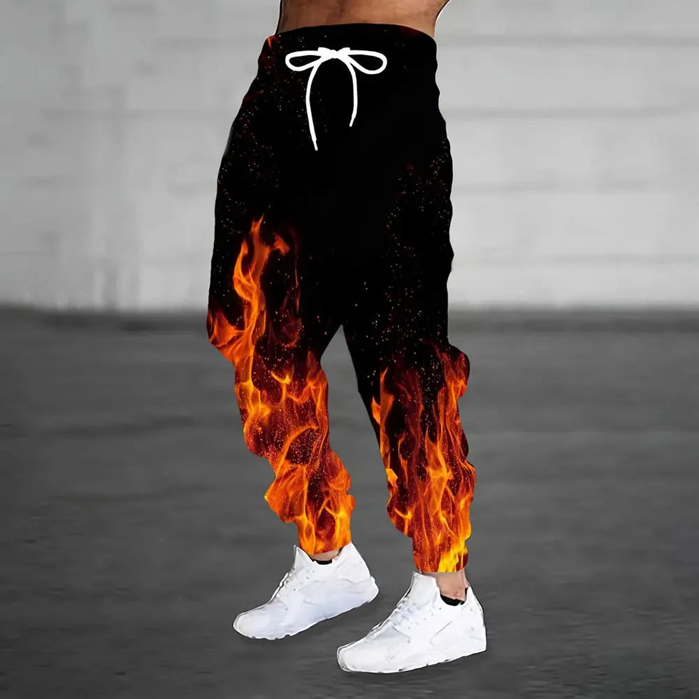 Winter New Thick Warm Pants 2026 New Fashion 3D Flame Print Sweatpants Men Large Size Loose Casual Pocket Drawstring Sweatpants