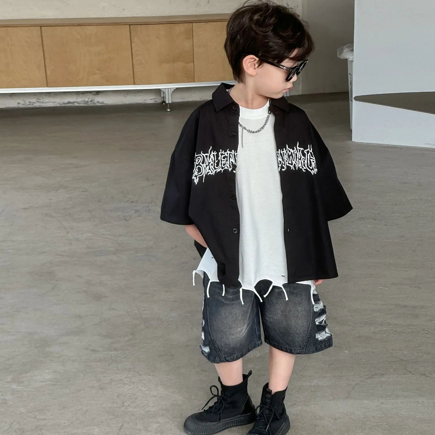 Boys' Summer Short Sleeved Shirt 2025 New Children's Summer Clothing Boys' Children's Clothing Trendy Brand Style