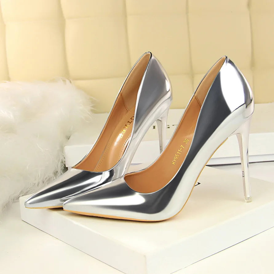 Women Mteallic Bronze Leather Pumps 7.5cm 10.5cm High Heels Lady Stiletto Middle Heels Wedding Bridal Gold Silver Event Shoes