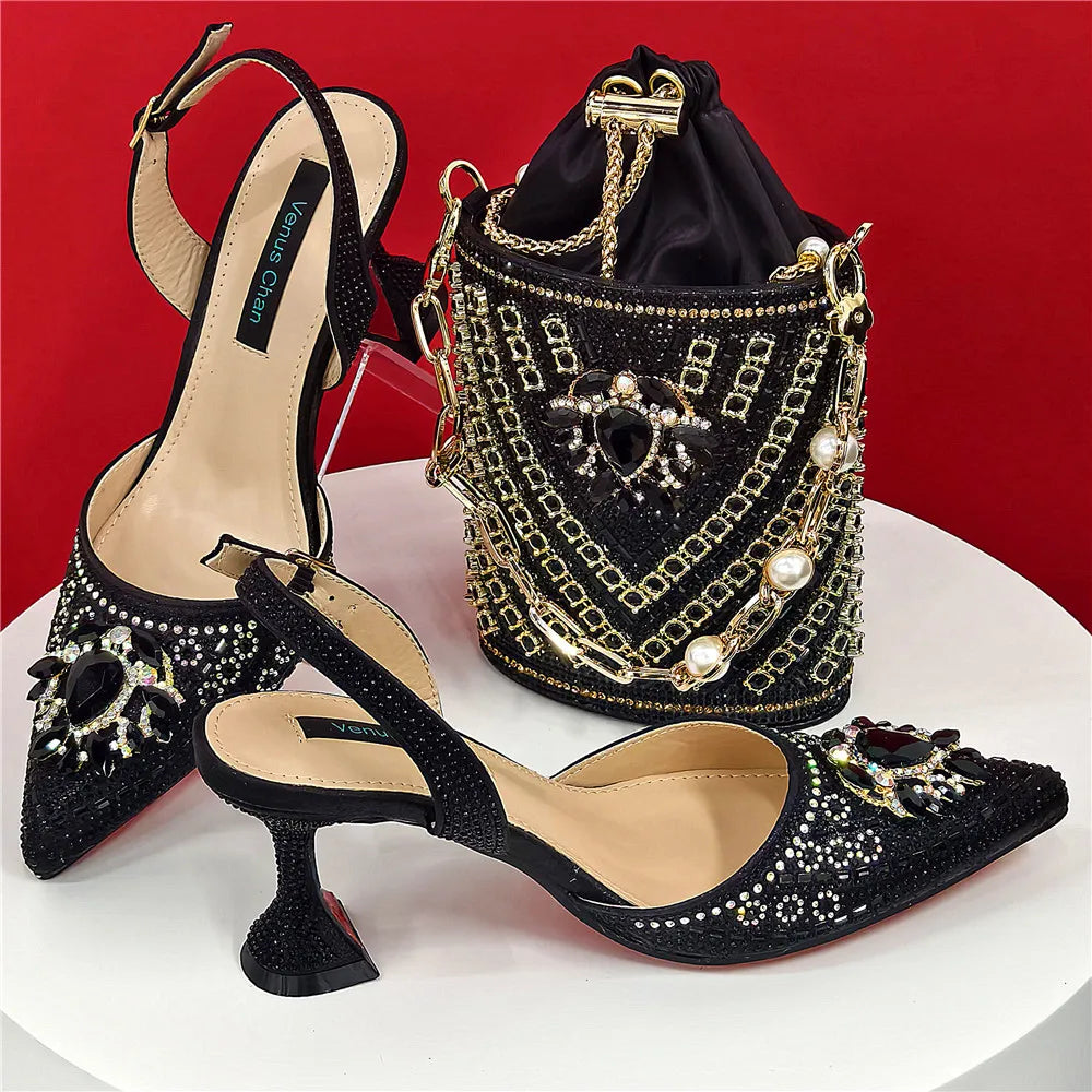 Nigerian Heel Party for Women Blue Color Shoes and Bag Set Rhinestone Handbag Italian Design Wedding INS 2025