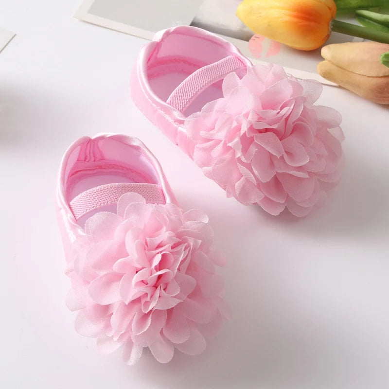 Infant Baby Girls Shoes with Headband Soft Sole Non-slip Flower Princess Wedding Dress Walking Shoes