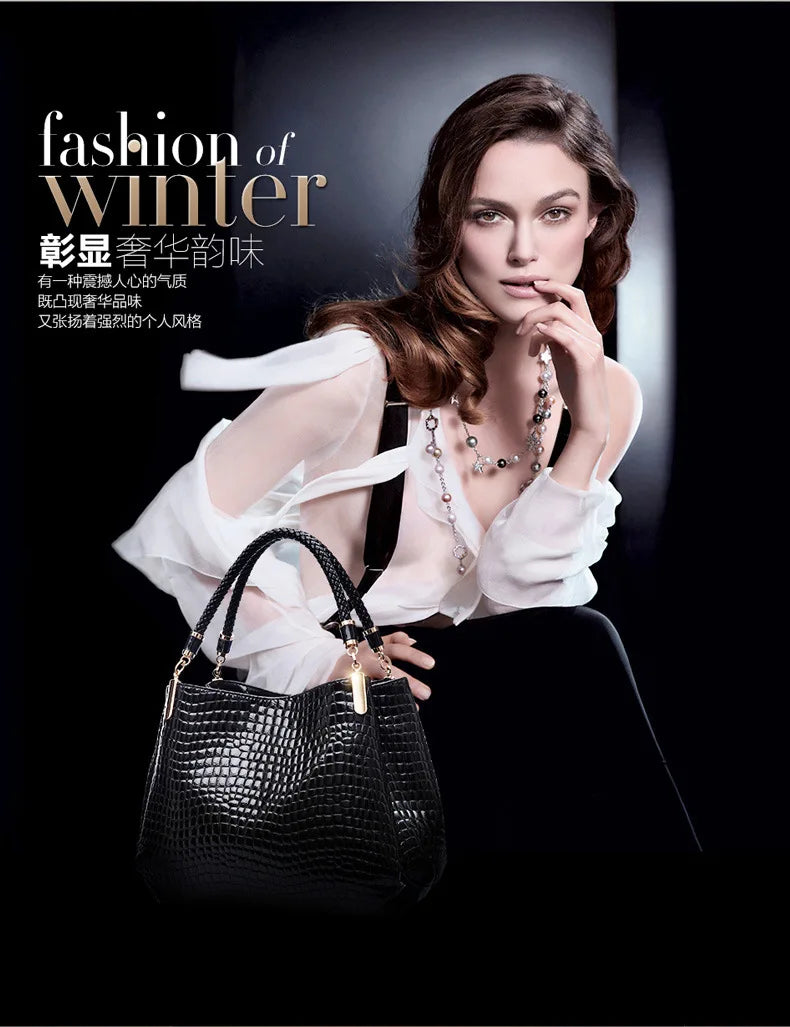 Classic Stone Texture Top-Handle Bag with Crocodile Print Elegant Shoulder Bag for Sophisticated Women in Europe and America