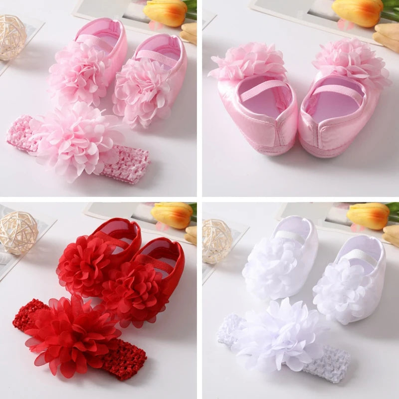 Infant Baby Girls Shoes with Headband Soft Sole Non-slip Flower Princess Wedding Dress Walking Shoes