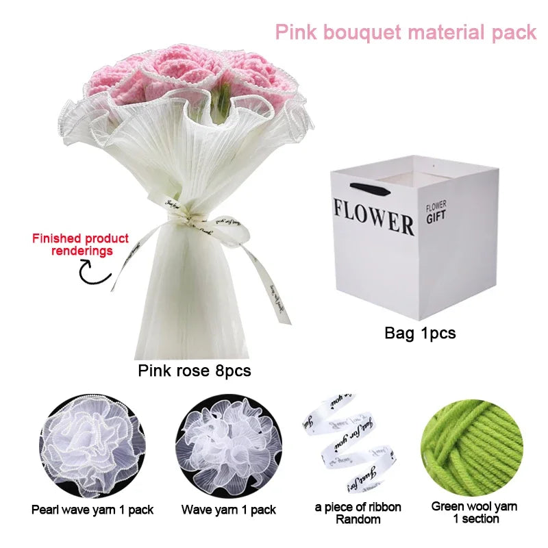 Handmade Knitted Crochet Artificial Rose Bouquet DIY Material Pack Wedding Decoration Bride Holding Flowers Valentine's Day Gift