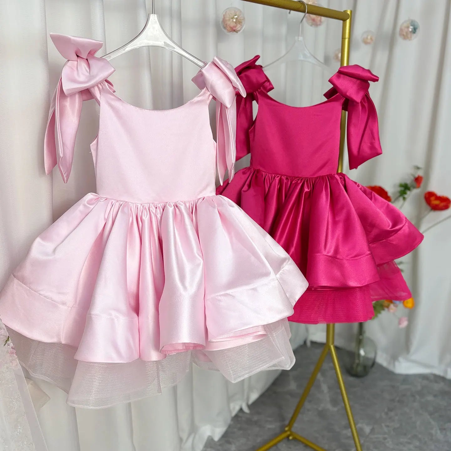 Jill Wish Elegant Satin Fuchsia Girl Dress Off-Shoulder White Princess Birthday Wedding Party Children Holy Coummunion Gown J159