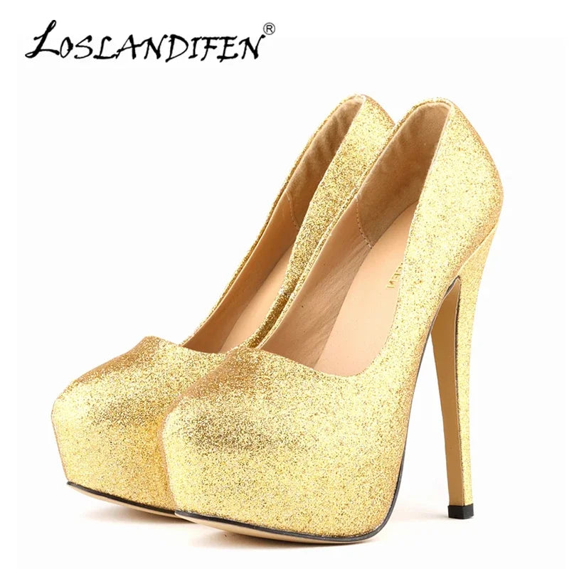 LOSLANDIFEN Sexy Women Pumps Ultra High Heels Glitter Gold Shoes 14cm Platform Round Toe Ladies Wedding Party 817-1Gitter