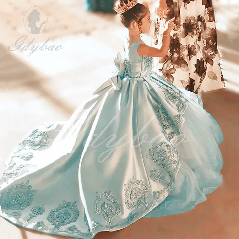 High Quality First Communion Dresses Kids Evening Ball Gown Gold Applique Bow Girls Pageant Dress Satin Tulle Flower Girl Dress