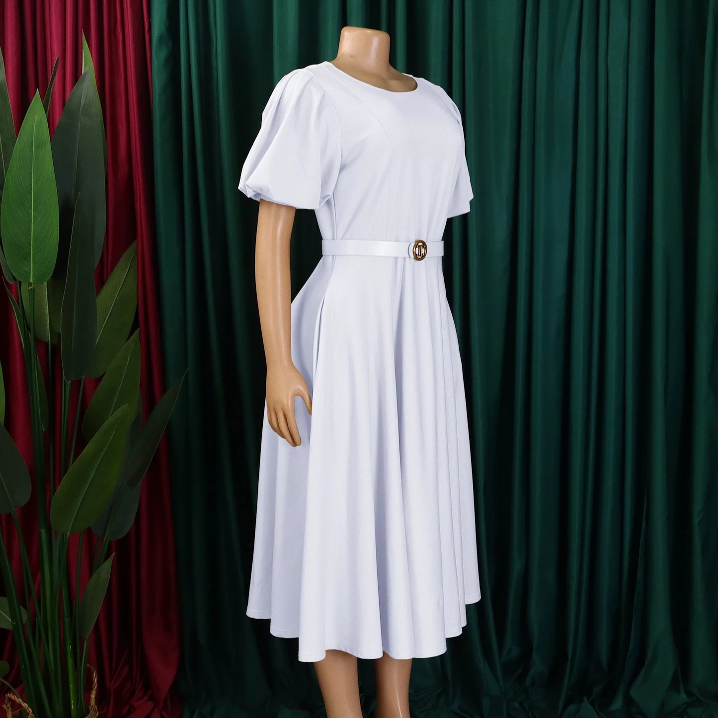 Elegant African Dresses For Women O Neck Short Sleeve Belt Waisted Pleated Mid Calf Fashion Female Birthday Party Dinner Dress