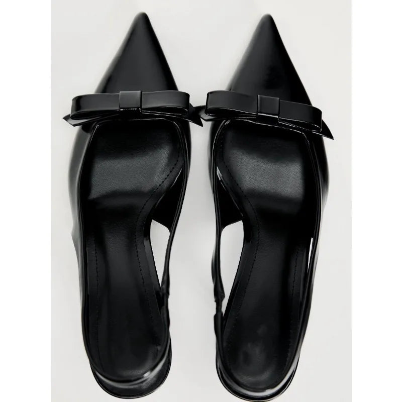 Modern Office Shoes for Women White Black Wedding Slingback Pointed Toe Butterfly Decoration Female High Heeled Sandals