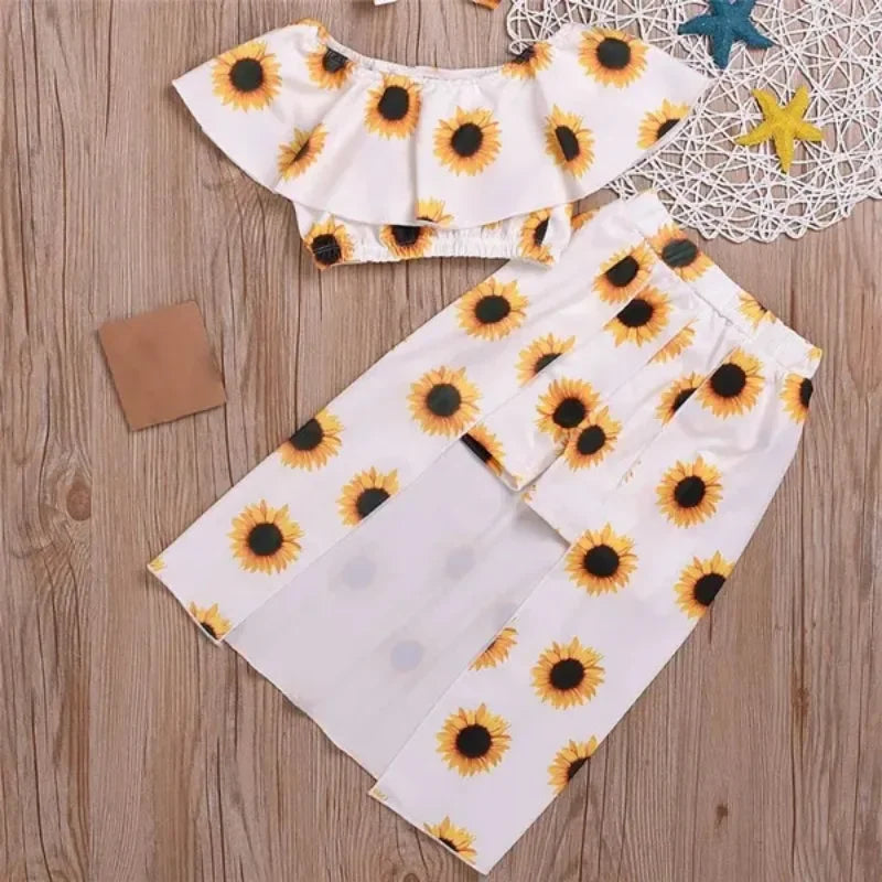Kids Girls Clothing Sets Floral Print Off Shoulder Crop Top and Culotte Skirt Suits ( Not Include Hats, Bags,Glasses)
