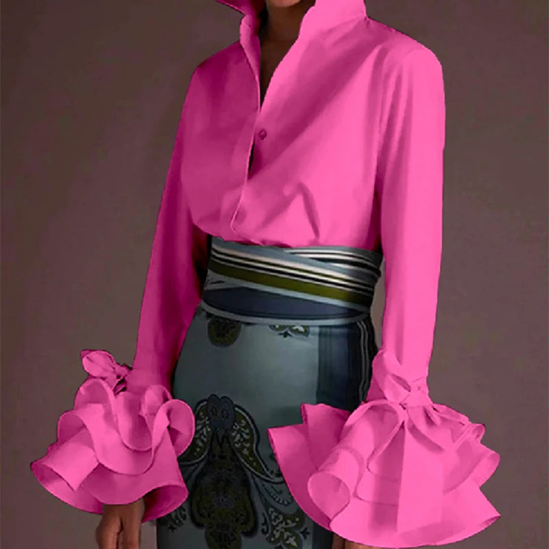 Women Elegant Flared Sleeves Falbala Blouses 2024 New Spring Autumn Black White Color Casual Office Lapel Shirts Tops