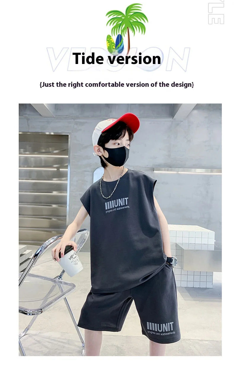 Boys Summer Suit New Children's Sleeveless Vest Sports Suit Fried Street Clothes Cool Handsome Summer Children's Clothing