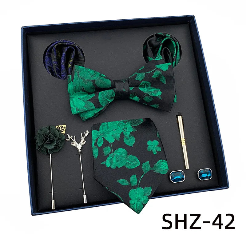 Vintage Green Men's Tie Set Luxury Neck Ties For Wedding Gift Bowtie Handkerchief Cufflinks Tie Clip Brooch Set For Male Necktie