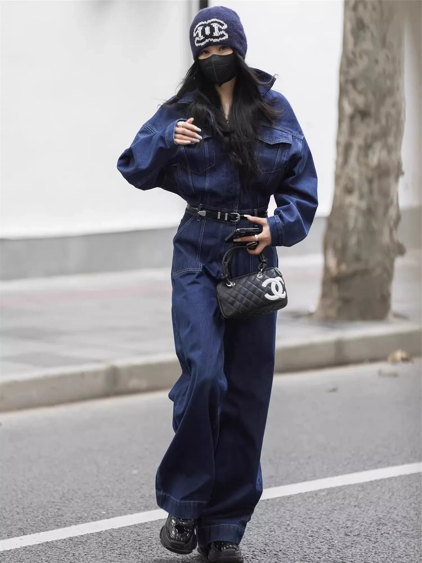 Blue Design Denim Jumpsuit Women'S Spring And Autumn Collar Fashionable Workwear Large Pocket Loose Pants