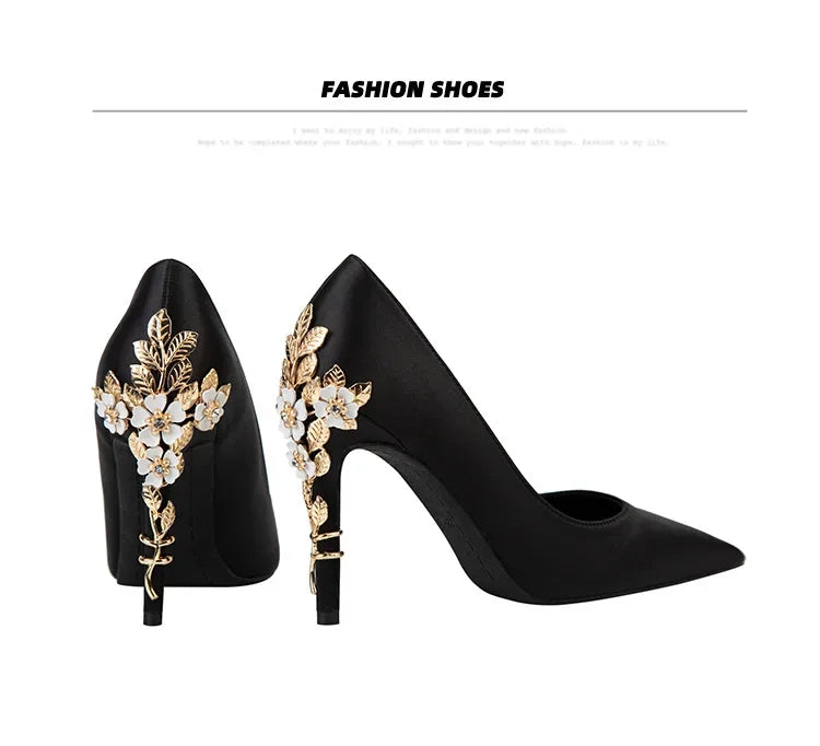 Women's Metal Flowers Stiletto High-heel Shoes Female Light Luxury Sexy Fashion Wedding Shoes Pointed Toe Satin Single Shoes