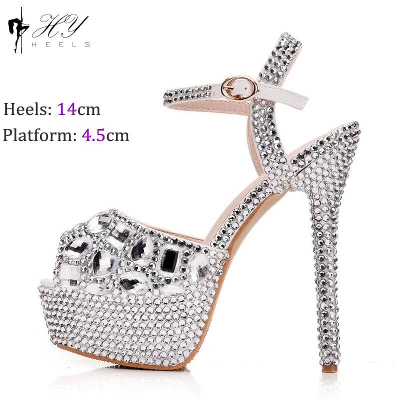 Fashion Diamond Wedding Shoes Ladies 14cm Heels Open-toed High-heeled Waterproof Platform Party Shoes Women