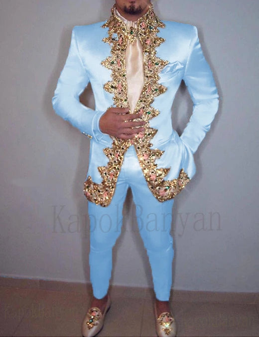 Men Suit 2020 Two Piece (Jacket+Pants+Belt) Italian Stand Collar Slim Fit Wedding Suit for Men Custom Made Embroidery Suit