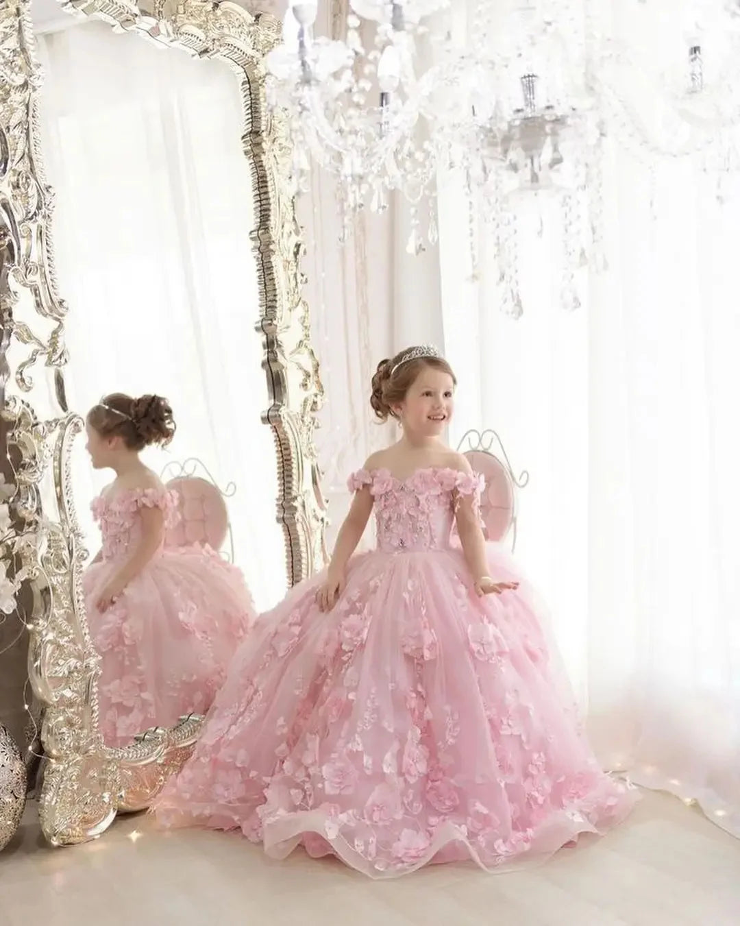 Pink 3d Applique Flower Girl Dress For Wedding Off Shoulder Luxurious Pearls Tulle Child First Eucharistic Birthday Party Dress
