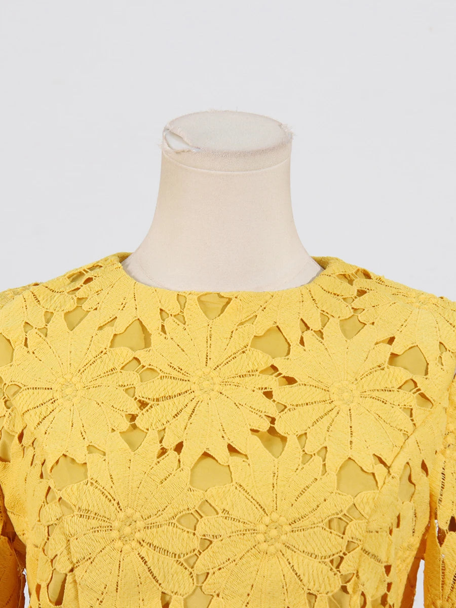 VGH Embroidery Two Piece Set for Women O Neck Batwing Sleeve Top High Waist Hollow Out A Line Long Skirt Elegant Suit Female New