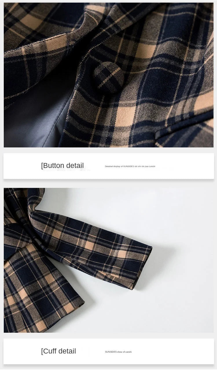 PEONFLY Vintage Casual Plaid Blazer Women Fashion Single Button Office Ladies Jacket Coat Notched Collar Long Sleeve Jacket 2023