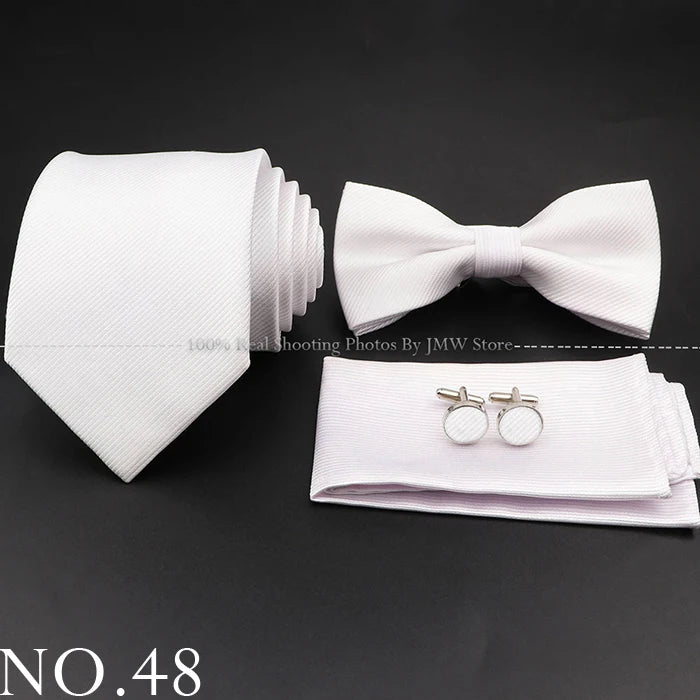 Hot Sale Red Blue Tie Set Polyester Slim Striped Necktie Bowtie Cufflink Brooch For Groom Suit Wedding Cravat Shirt Accessory