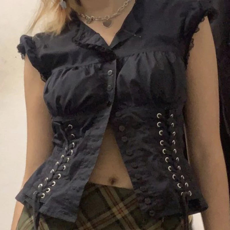 00s Retro Y2K Lace Trim Button Up Croset T-Shirt Korean Grunge Bandage Crop Top Gothic Punk Style Aesthetic Tees Women Clothes