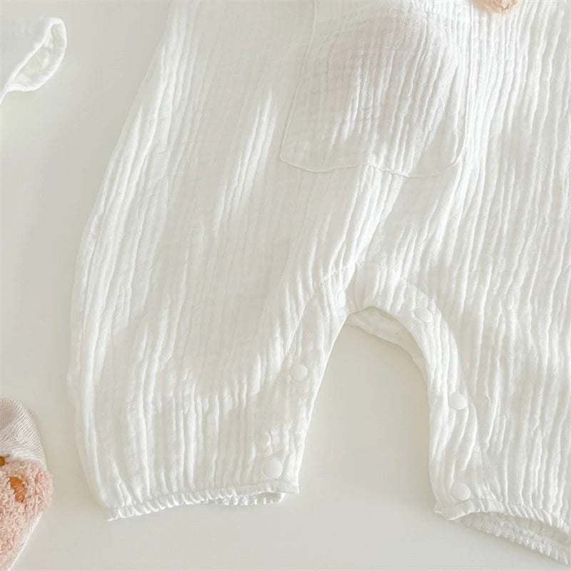 3Pcs Muslin Baby Jumpsuit Coat Hat Bear Baby Summer Clothes Set Kids Coat Romper White Toddler Outfit Suit Infant Clothing 0-3T
