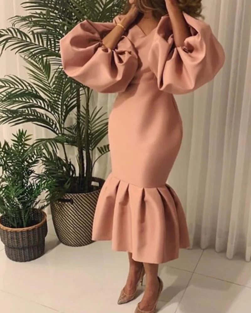 African Women's Fashion Solid Color V-neck Bubble Long-sleeved Fishtail Skirt European and American Dress