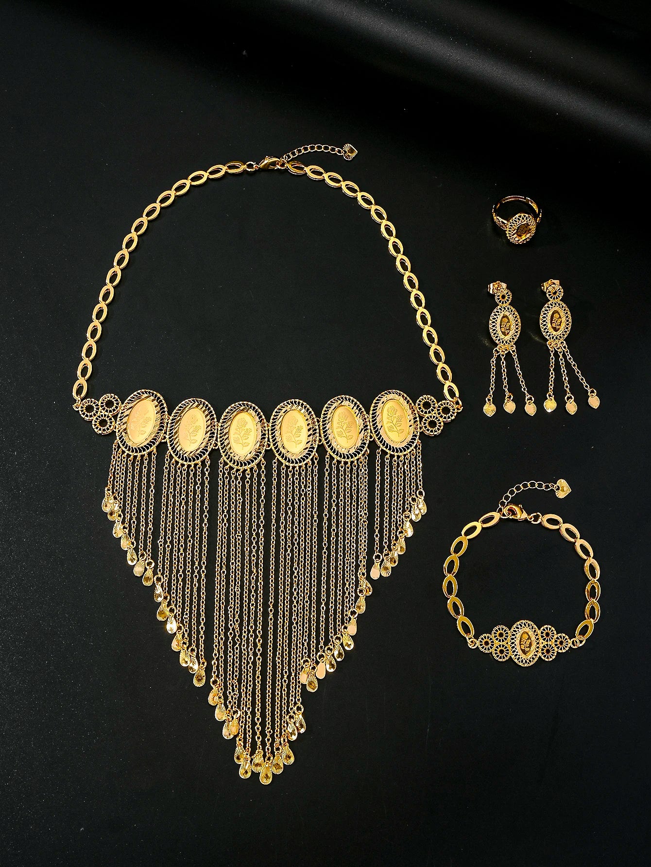Dubai Fashion Wedding Jewelry Set for Women Round Necklace Tassels Bracelet Ring Earrings Sets African Bridal Gifts
