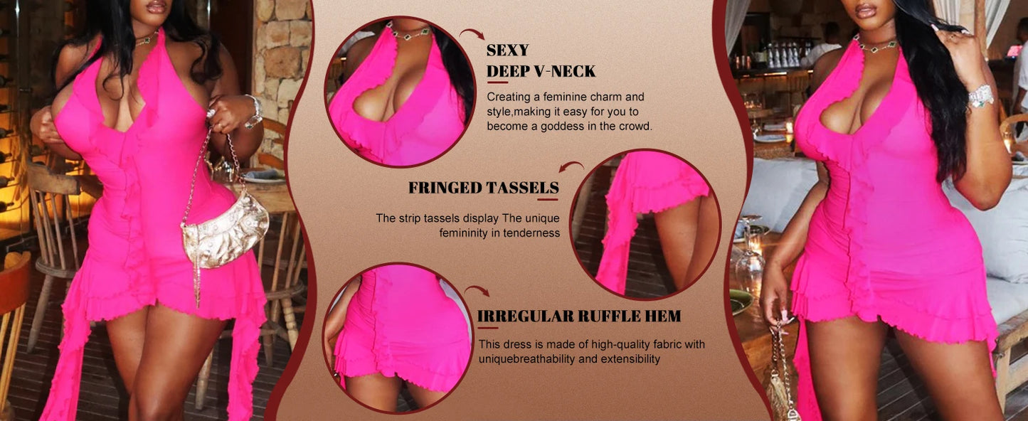HLJ Sexy Ruffle Y2K Mini Dress For Women Halter Neck Backless Fringed Ruched Cocktail Summer Party Tassels Short Dresses
