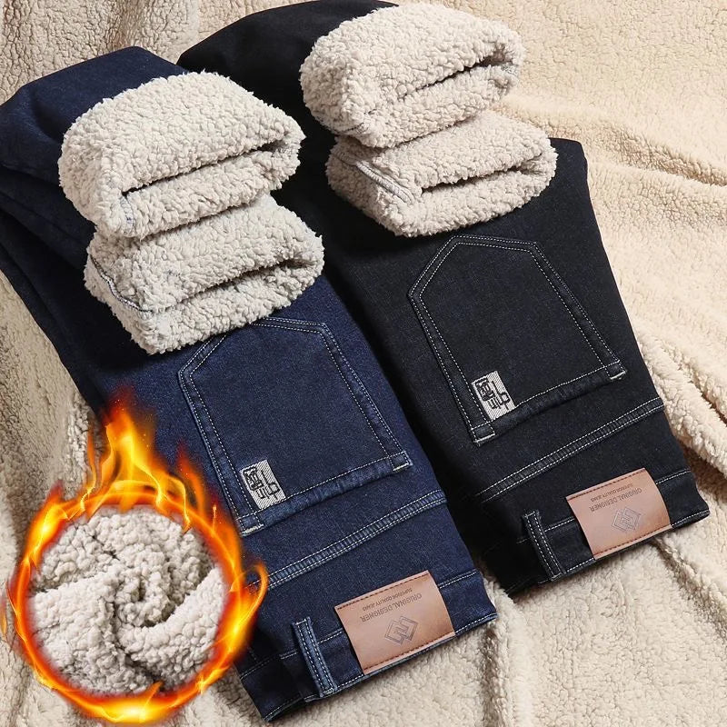 Winter New Fashion Trend Solid Color Plus Plush Thick Warm Jeans For Men's Casual Loose Sports Straight Leg Elastic Jeans 28-40