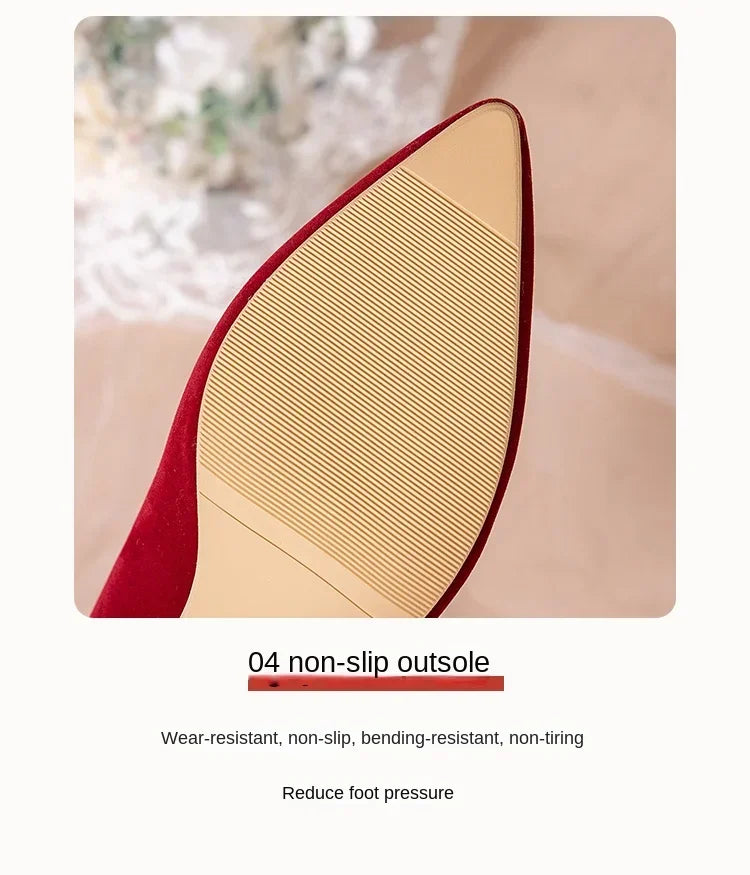 French Red Wedding Shoes for Women 2024 Spring/Summer/Autumn New Pointed Thick Heels Not Tiring Feet Bride Shoes