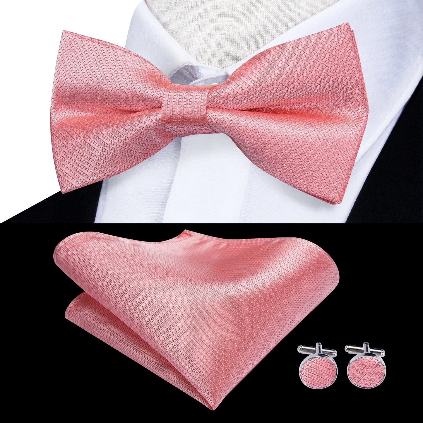 Hi-Tie Pink Dot Silk Mens Pre-tied Bow Tie Hanky Cufflink Set Dusty Pink Butterfly Knot Bowtie for Male Wedding Business