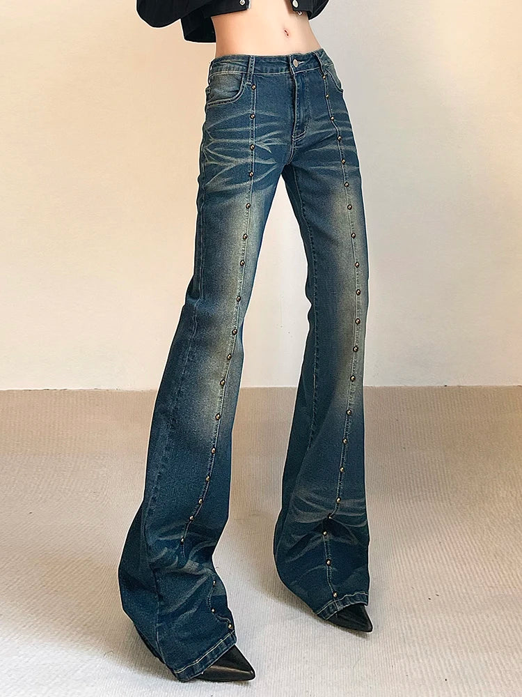 Rockmore Vintage Low Waist Flare Jeans Women Y2K Chic Rivet Slim Pencil Jean Pants Streetwear Fashion Retro Denim Trouser Korean