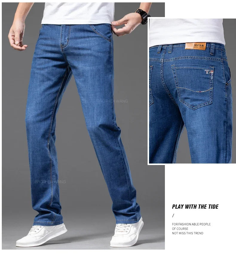 Summer Thin Men's Straight Jeans Classic Black Blue Stretch Casual Business Baggy Denim Pants Male Brand Trousers
