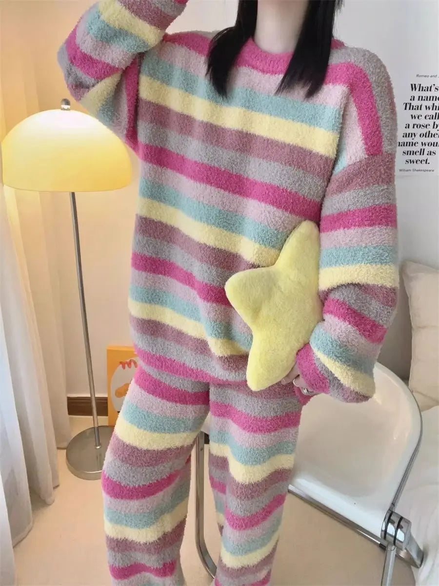 Winter Pajamas for Women: Cute Rainbow Pattern Korean Style Simple Half-Fleece Warm Pajamas Homewear Women's Winter Set