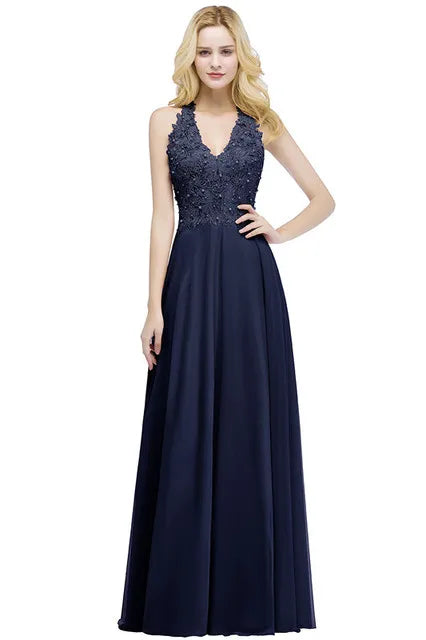 BABYONLINE Halter Neckline Lace Pearls Bodice Bridesmaid Dress Long Floor-length Skirt Chiffon Sexy Open Back Wedding Clothes