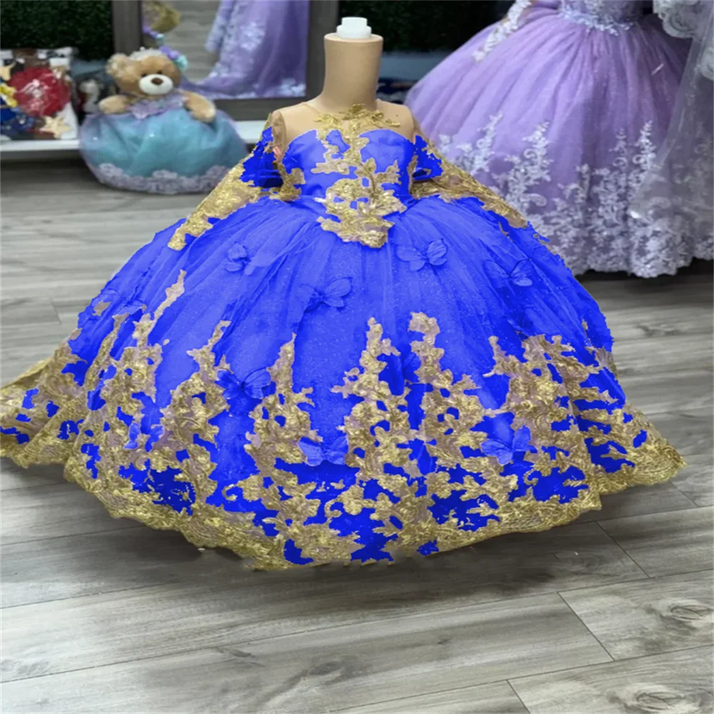 Lavender Flower Girls Dress Luxury With Bow Beading Butterfly Ball Gown Flowers Golden Applique For Birthday Party Gown