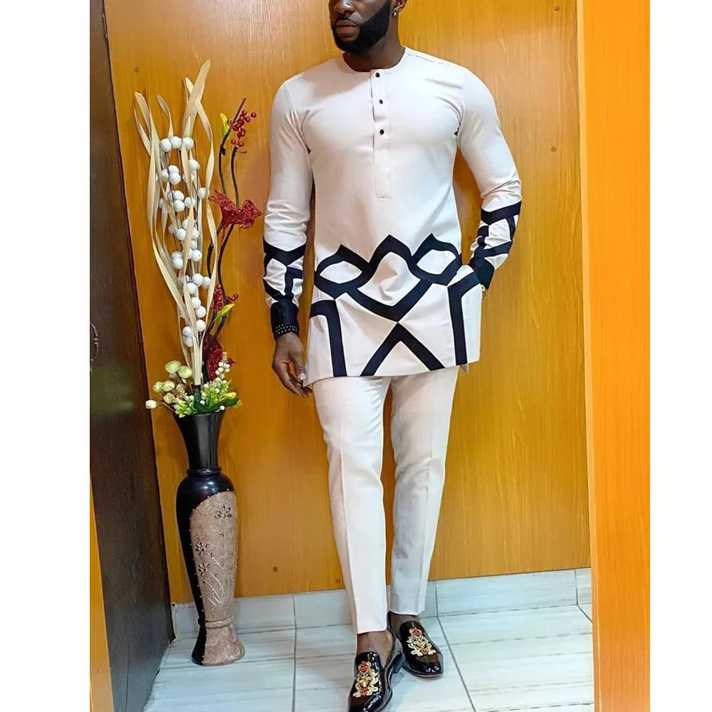 Kaunda Men's Suits Kaftan Outfits Round Neck Striped Print Long-sleeved African Ethnic Style Men's Sets Traditional Clothing