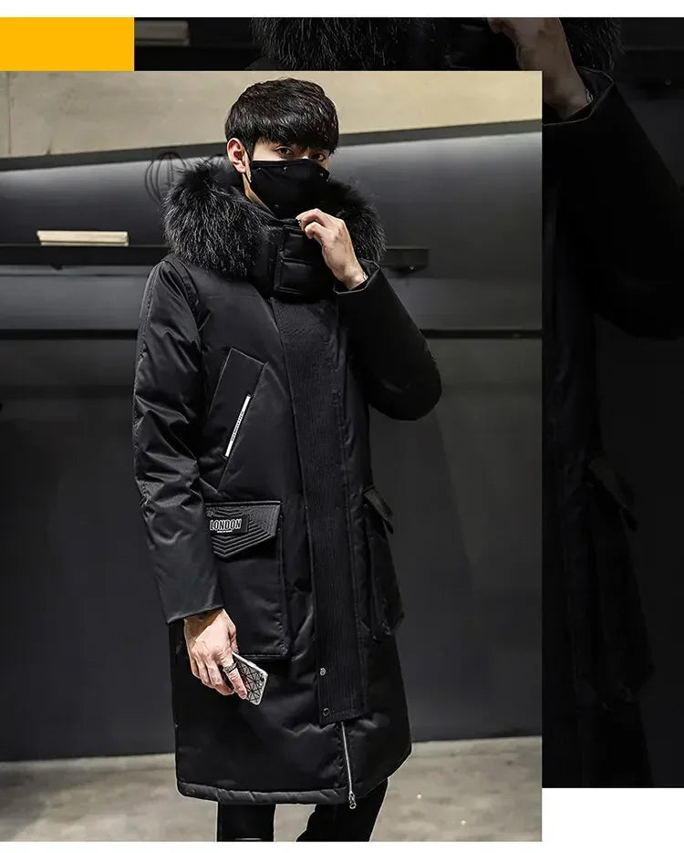 Men's Thickened Down Jacket Hooded Faux Fur Collar Winter Long Parka Jacket Outdoor Street Fashion Jacket Men's Clothing 2024