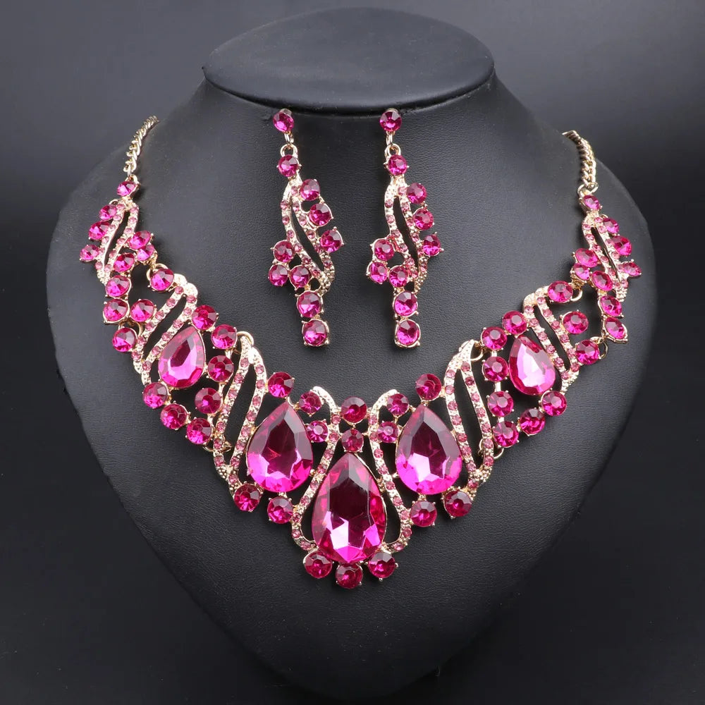 Fashion Crystal Gold Color Necklace Earrings Indian Bridal Jewelry Sets For Brides Wedding Party Costume Accessories Women