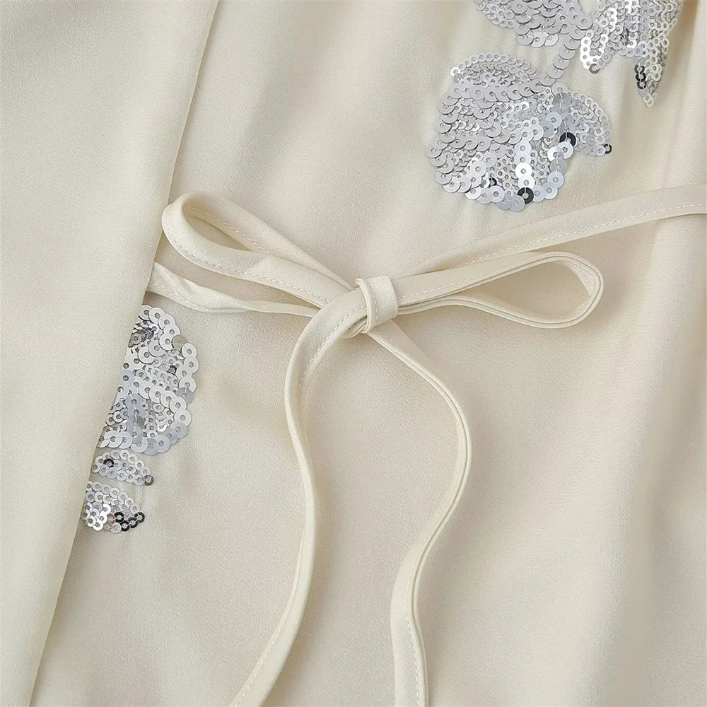 Zach Ailsa 2024 Summer New Product Women's Fashion Loose Lace up Suit Coat Beaded Silk Texture Long Pants Casual Set