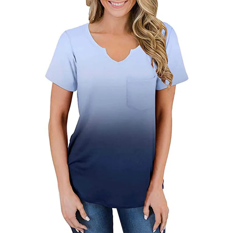 2024 Europe and the United States spring and summer new women's top printed V-neck short sleeve loose pocket T-shirt woman