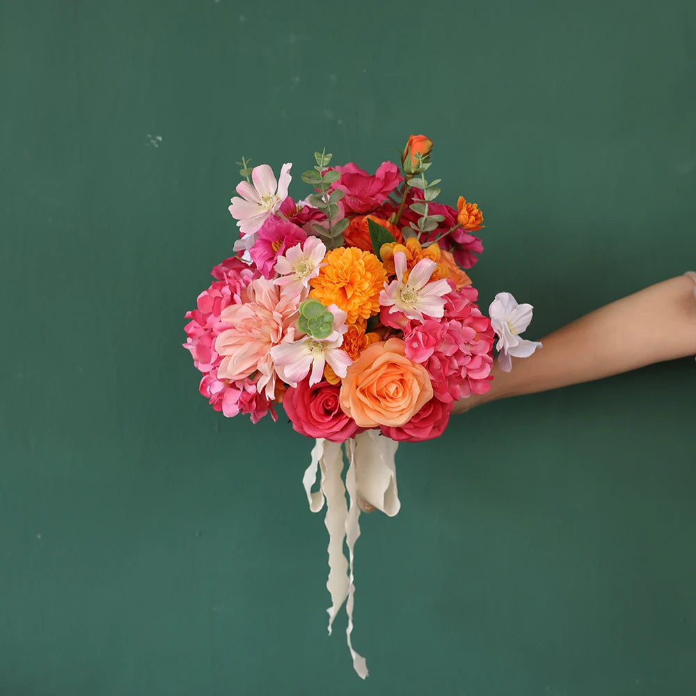 Flowers Artificial Decoration Orange Pink Series Rose Greens Floral Arrangement Bridal Bouquet for Wedding Event Decor J2601