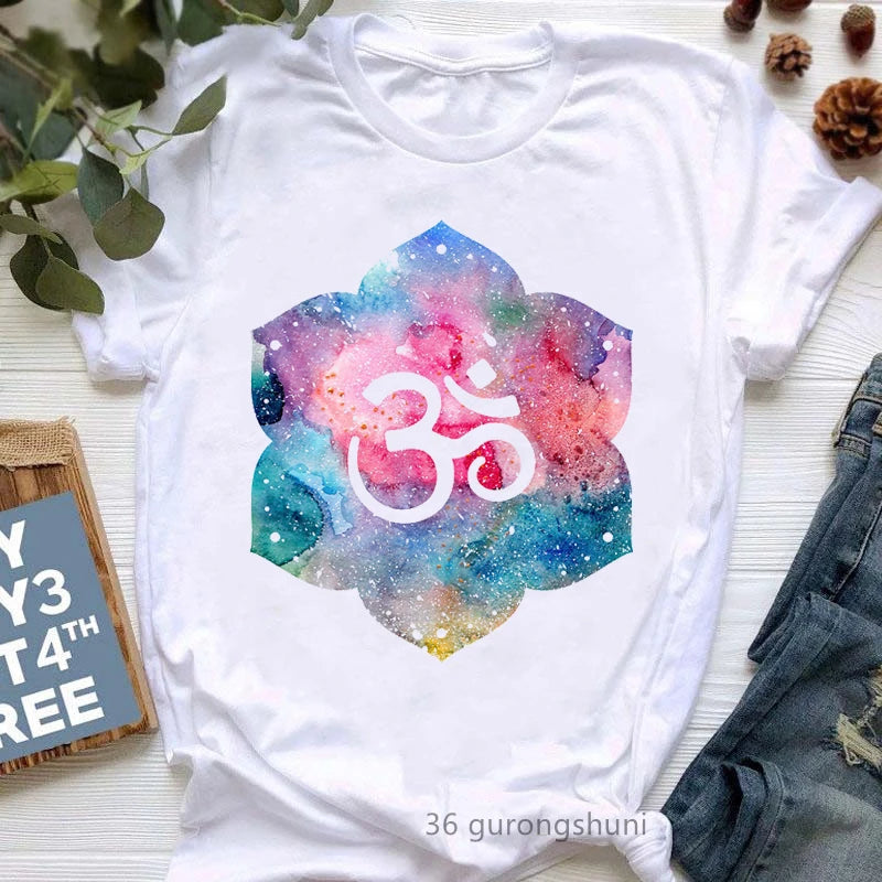 Newest Yoga Tree Print Tshirt Girls Summer Fashion Short Sleeve T Shirt Women Buddha Chakra Meditation T-Shirt Female Wholesale